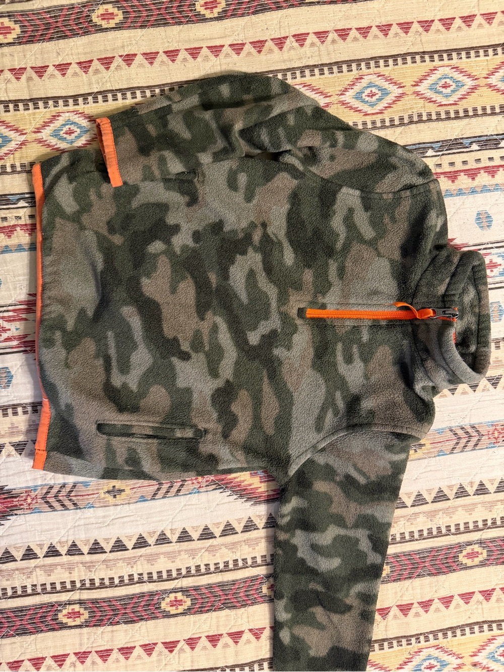Amazon Essentials Green Camo Fleece Quarter-Zip with Orange Trim